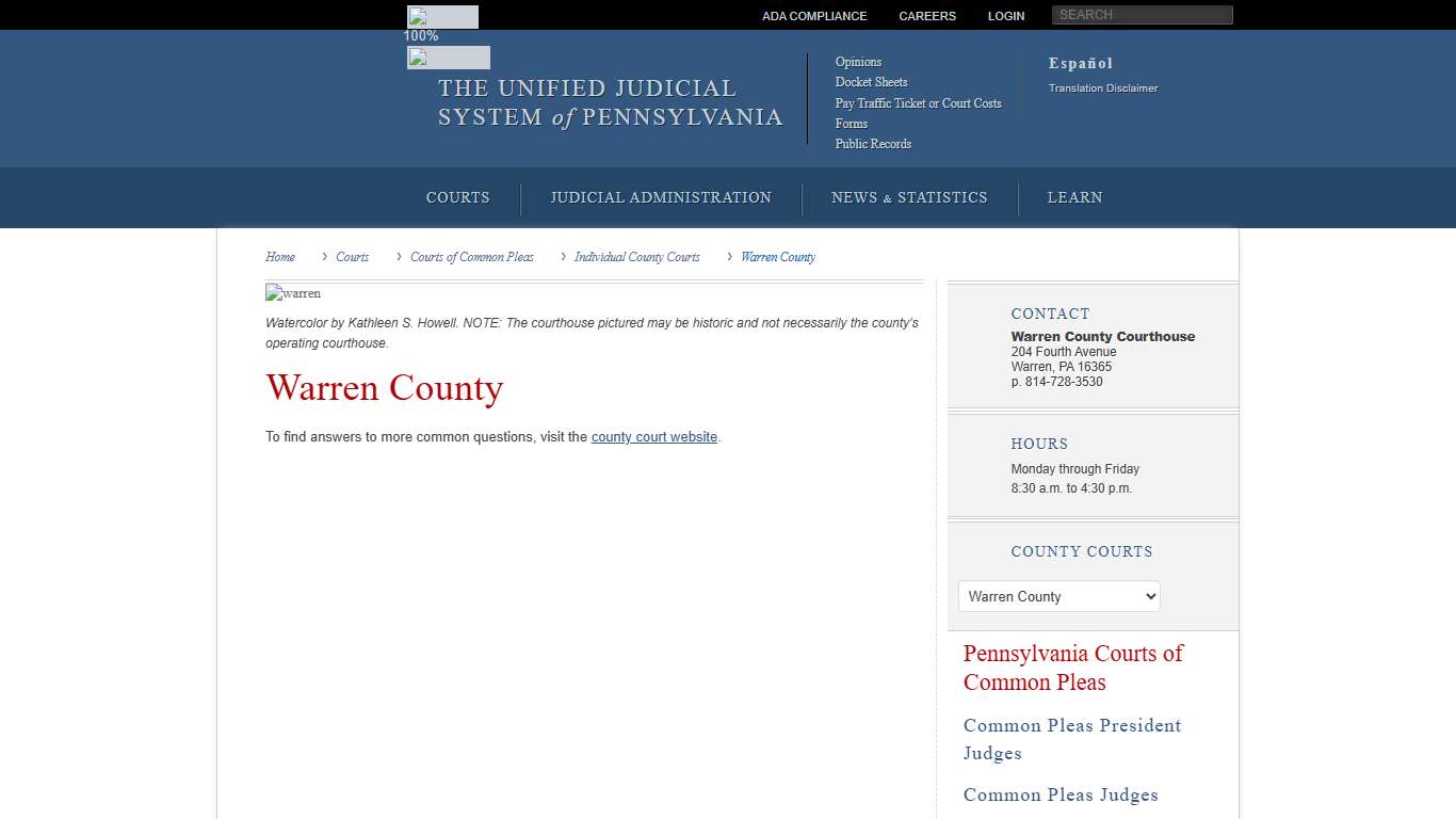 Warren County | Individual County Courts | Courts of Common Pleas | Courts | Unified Judicial System of Pennsylvania